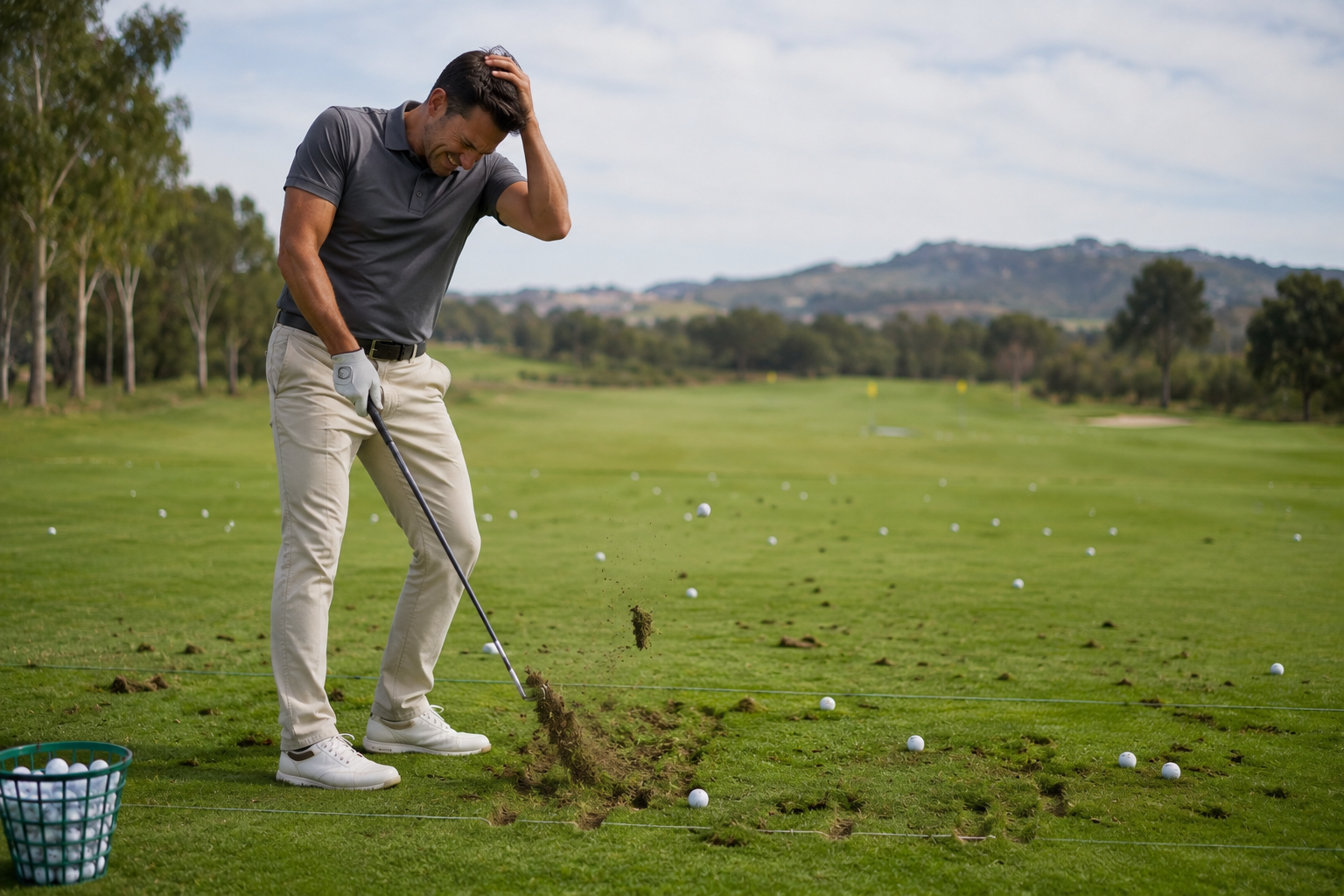 Frustrated golfer reacting after hitting a large divot during practice session