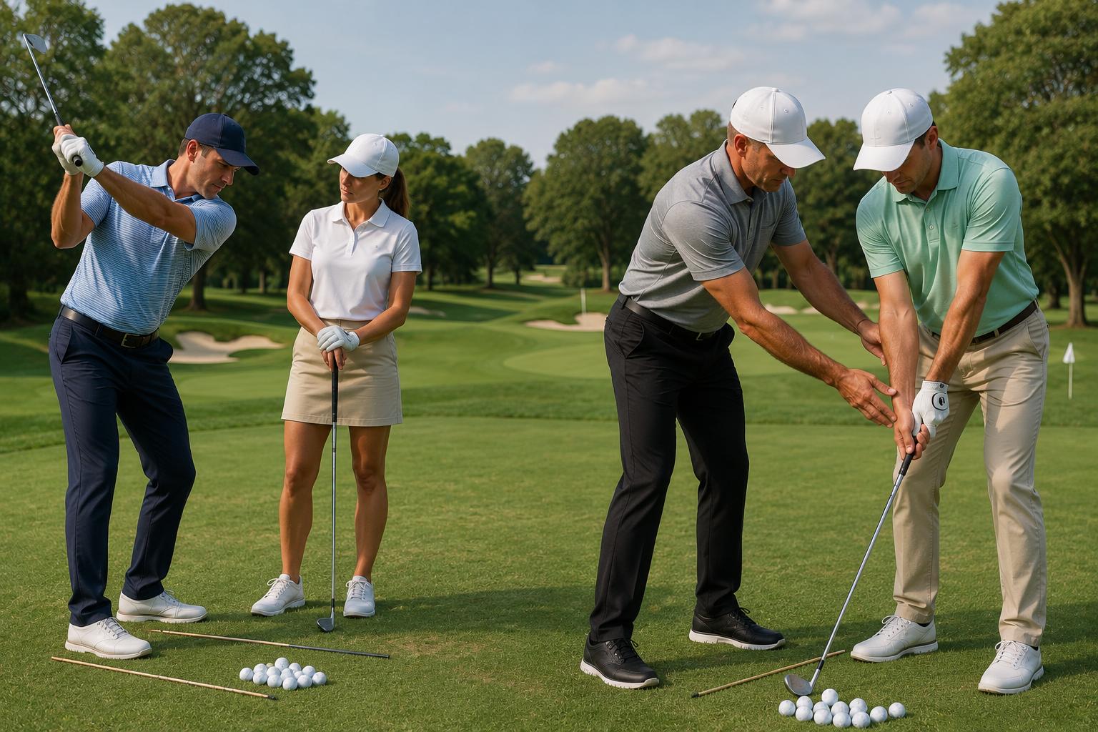 Golf instructor demonstrating swing mechanics and grip adjustments to students