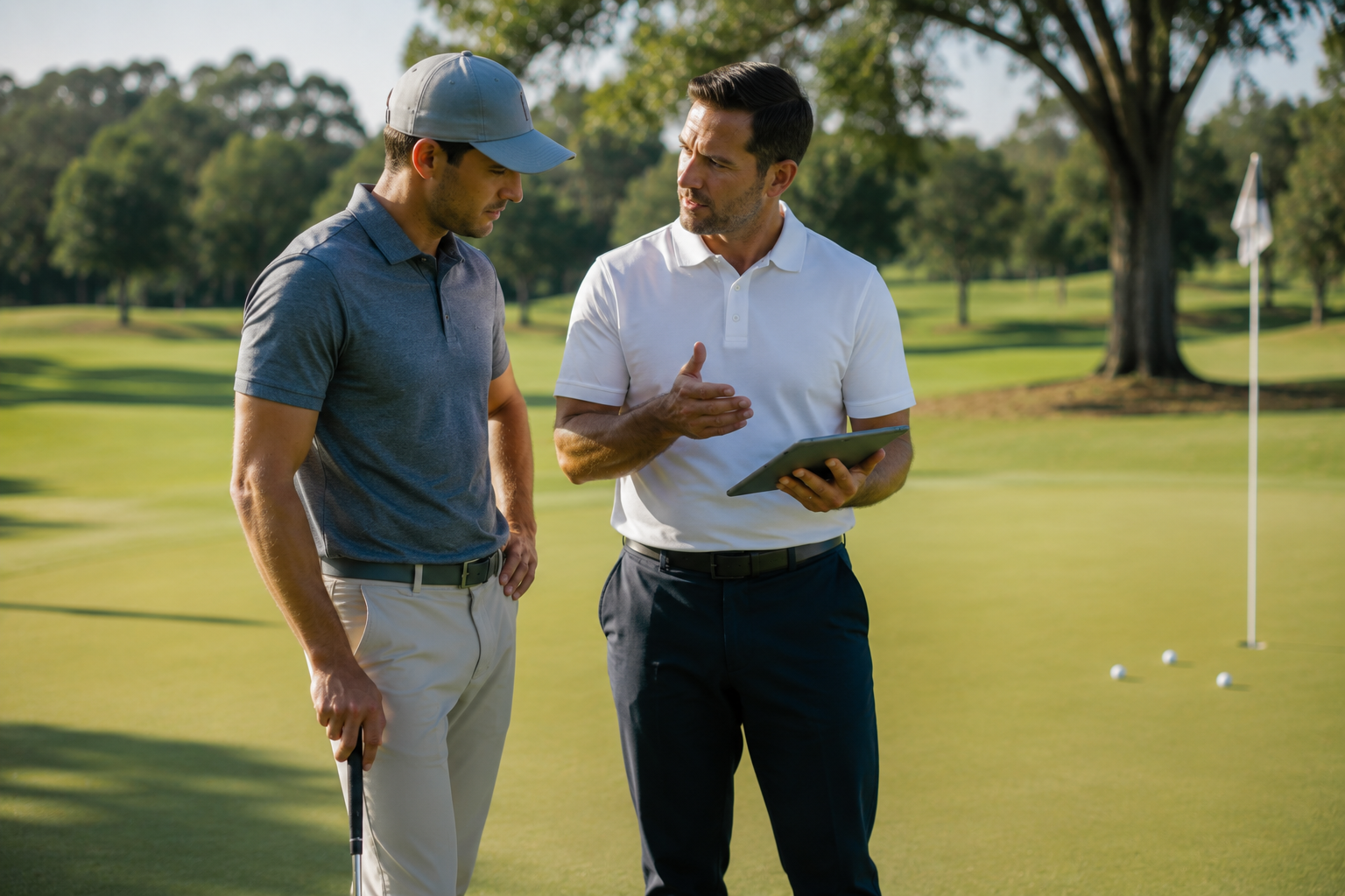 Golf instructor discussing putting strategy and performance review with student