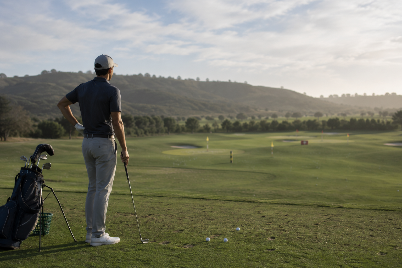 Golfer observing ball flight and shot results during driving range practice